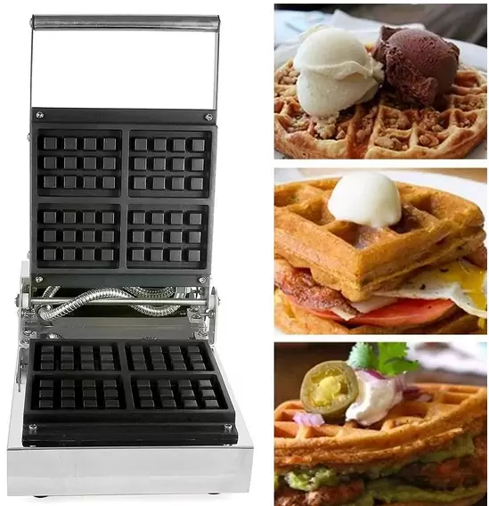 Gewerbliches Waffeleisen aus Edelstahl 4 Waffeldesign 1300W Edelstahlpfanne Antihaft-Waffeleisen