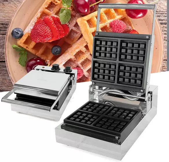Gewerbliches Waffeleisen aus Edelstahl 4 Waffeldesign 1300W Edelstahlpfanne Antihaft-Waffeleisen