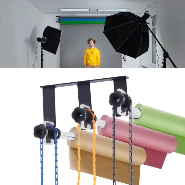 Wand Hintergrundsystem für 3 Papierrollen Wand & Decke Montageset 33*4.8*20cm Wand Hintergrundsystem für 3 Papierrollen Wand & Decke Montageset 33*4.8*20cm