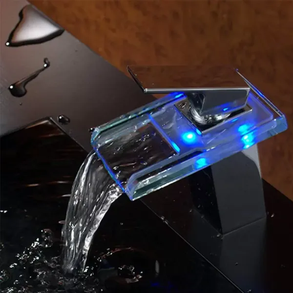 LED Glas Wasserfall Armatur Waschtischarmatur 3 x RGB Farbewechsel Beleuchtung