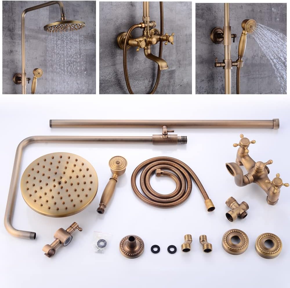 Retro Duschset, Antik Messing Duschsystem, Wasserhahn Messing Antik Mit Höhenverstellbar Umfassen Handbrause