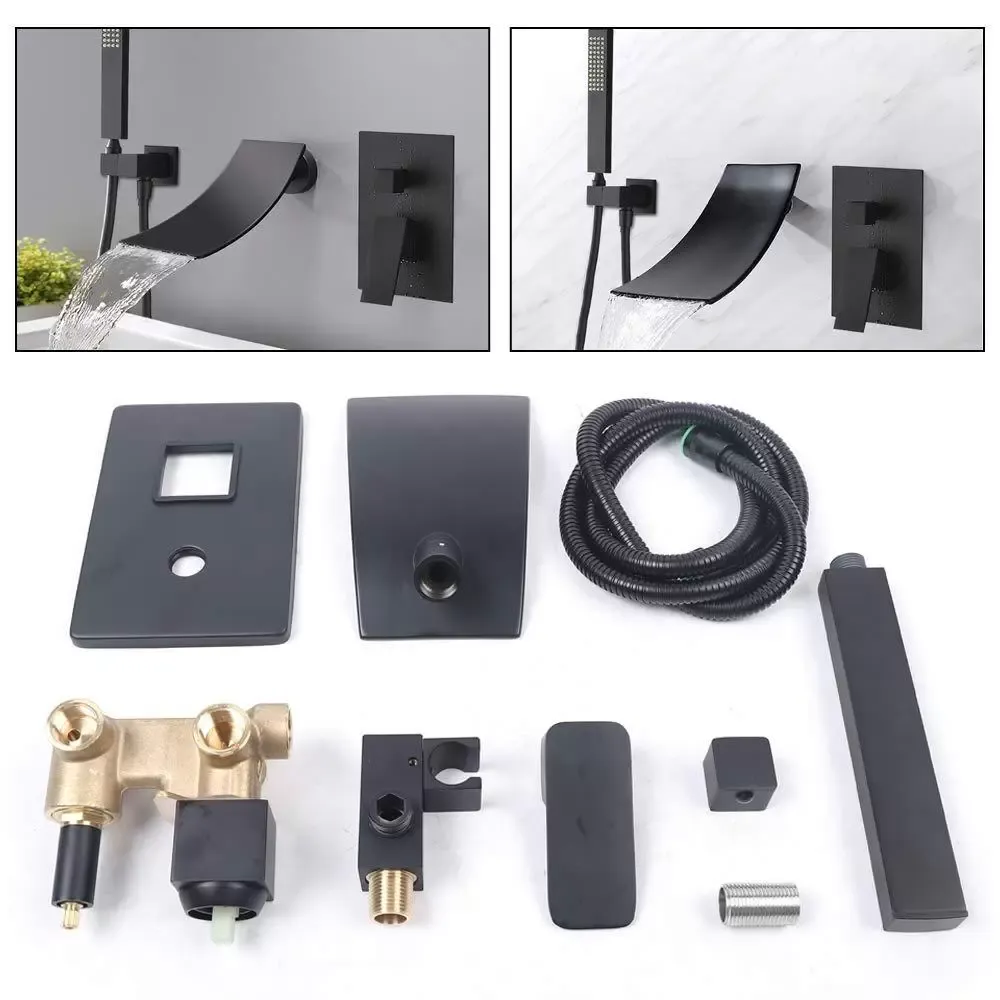 Wasserfall Bad Armaturen Badewanne Wasserhähne Wand Montiert Handbrause Schwarz