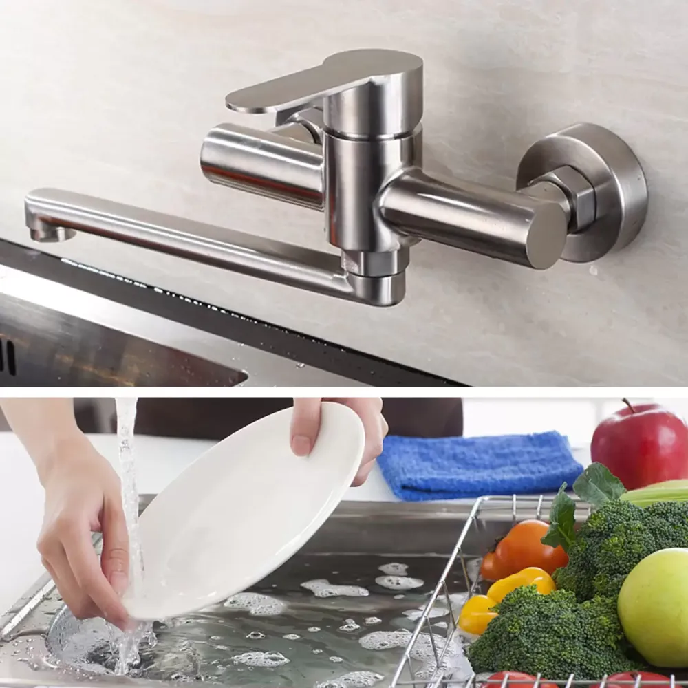 360° Drehbare Wandarmatur Küchenarmatur aus Edelstahl 304 Wand-Mischbatterie Single Lever Mixer Tap für Küchen
