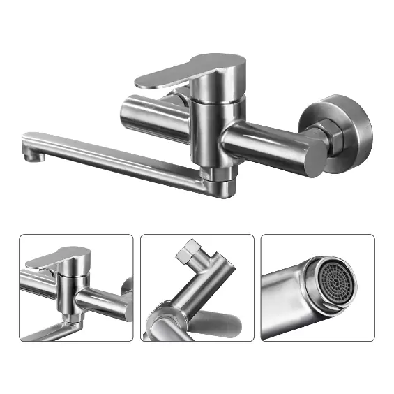 360° Drehbare Wandarmatur Küchenarmatur aus Edelstahl 304 Wand-Mischbatterie Single Lever Mixer Tap für Küchen