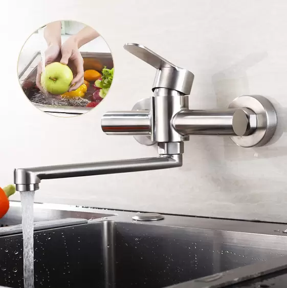 360° Drehbare Wandarmatur Küchenarmatur aus Edelstahl 304 Wand-Mischbatterie Single Lever Mixer Tap für Küchen