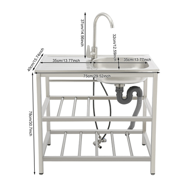 75 x 40 x 78 cm Edelstahl-Küchenspüle, freistehendes Küchenspülbecken für den Außenbereich, Edelstahlspüle mit Wasserhahn