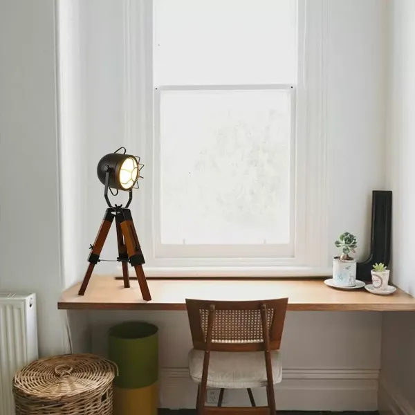 E27 Tischleuchte Dreibein-Retro-Holzlampe Metall Leuchte Schreibtischlampe Industriedesign kreative Dekoration