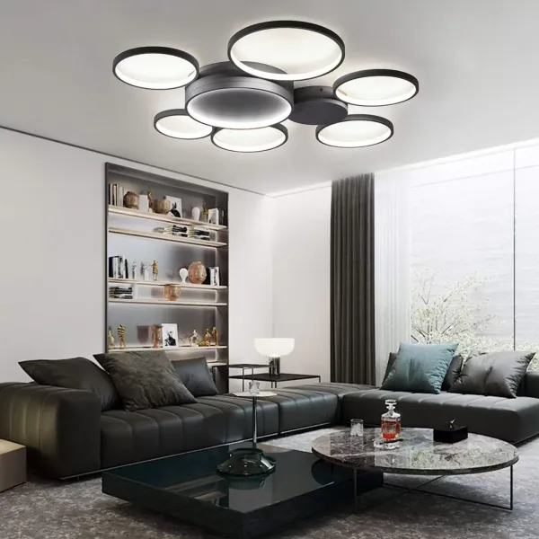 Moderne Kreativität LED Deckenleuchte mit 7 Ringen Mit der Fernbedienung Schwarz