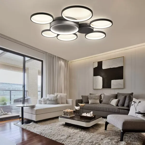 Moderne Kreativität LED Deckenleuchte mit 7 Ringen Mit der Fernbedienung Schwarz