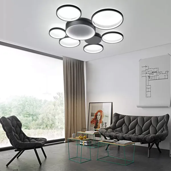 Moderne Kreativität LED Deckenleuchte mit 7 Ringen Mit der Fernbedienung Schwarz