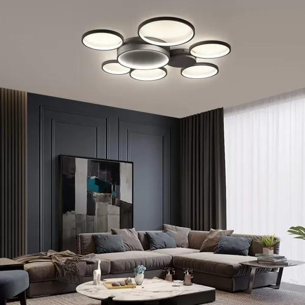 Moderne Kreativität LED Deckenleuchte mit 7 Ringen Mit der Fernbedienung Schwarz