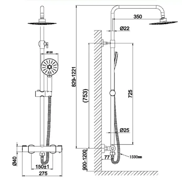Duschsystem Dusche Armatur mit Thermostat 3 Strahlarten mit Anti-Verbrühungs-Duschsystem mit Kopfbrause Schwarz