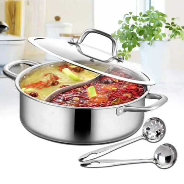 Hot Pot Topf Kochtopf 304 Edelstahl Hotpot Kocher mit 2 Suppenkellen, Trennwand und Deckel