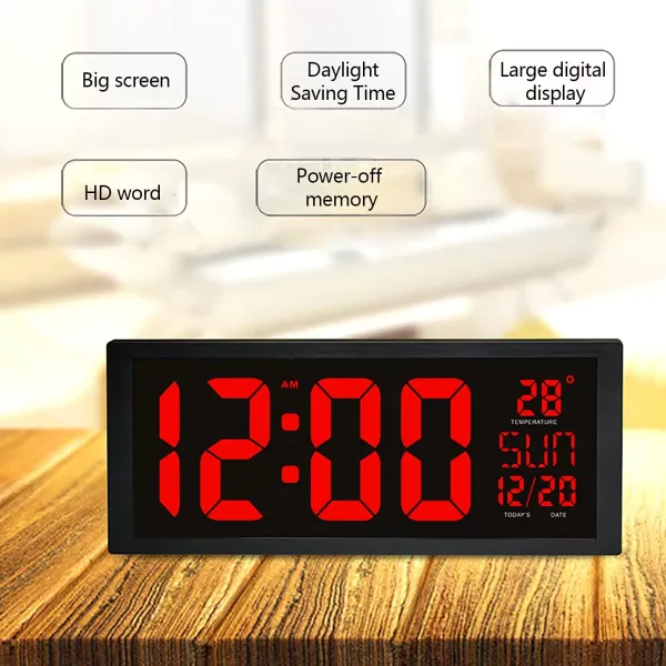 Rot Digitaluhr LED Digital Wohnzimmer Wanduhr mit Datum Temperatur Kalender Display 12H System