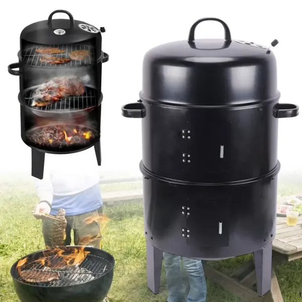 Multifunktionaler Räuchergrill 3in1 Geräucherter Grill Doppelschicht BBQ Holzkohlegrill w/Thermometer Multifunktionaler Räuchergrill 3in1 Geräucherter Grill Doppelschicht BBQ Holzkohlegrill w/Thermometer