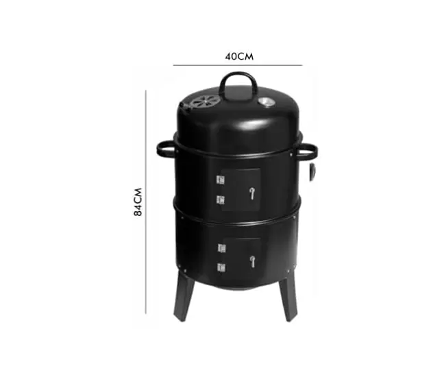 Spezifikationen:  Produktname: Multifunktionaler Räuchergrill Produktgröße: 40 cm Durchmesser Höhe: 84 cm Produktdetails: Doppelschicht, abnehmbar Produktfunktion: geräuchert, geschmort, gegrillt