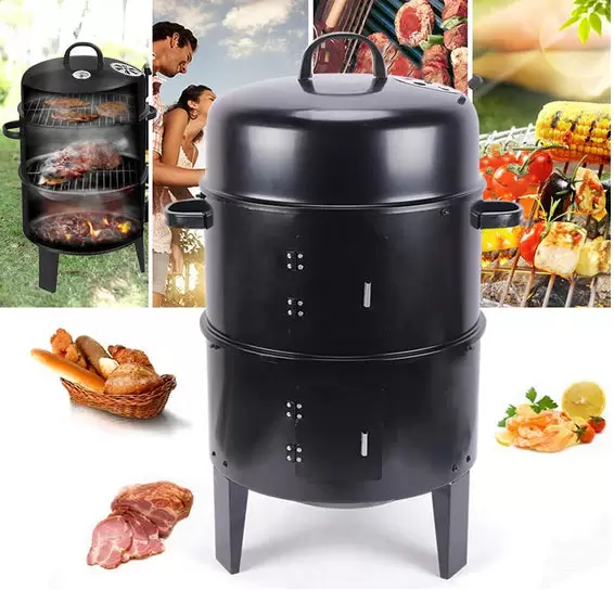 Multifunktionaler Räuchergrill 3in1 Geräucherter Grill Doppelschicht BBQ Holzkohlegrill w/Thermometer