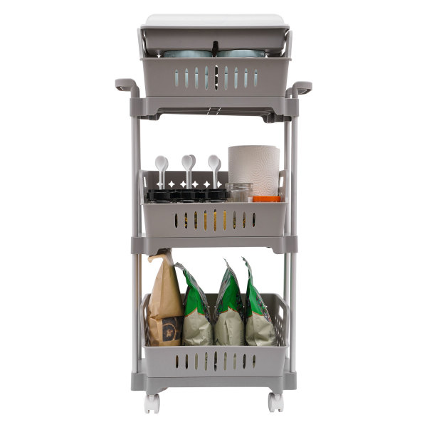 3-stufiger Wagen, Aufbewahrungswagen mit Rädern, multifunktionaler Aufbewahrungswagen, 45,5*24,5*91 cm, Grau