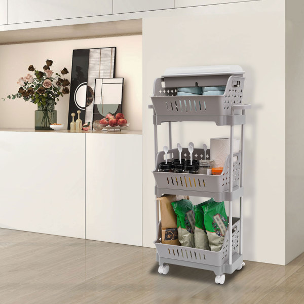 3-stufiger Wagen, Aufbewahrungswagen mit Rädern, multifunktionaler Aufbewahrungswagen, 45,5*24,5*91 cm, Grau