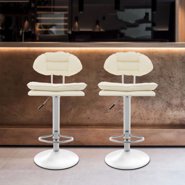 2 STK. Barhocker mit anhebbarer Rückenlehne, hoch, mit Fußstütze, weiß. Höhenverstellbarer Barhocker, 360° drehbarer Stuhl, 2 Stück Restaurant-Barhocker