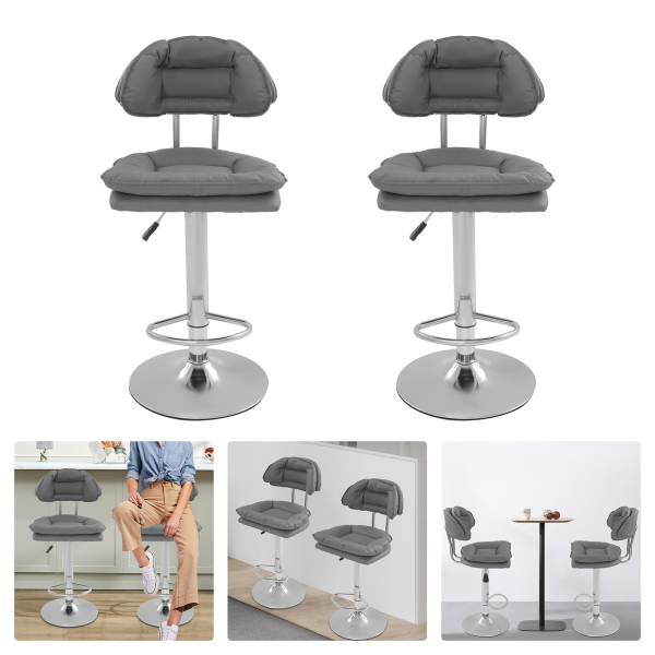 Barhocker mit verstellbarer Rückenlehne, hoch, mit Fußstütze, 2 Stück, dunkelgrau