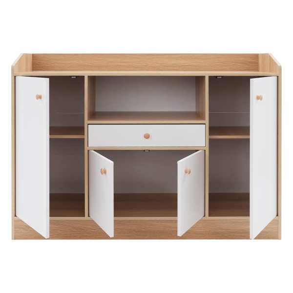 Four-door, one-drawer, one-grid tea cabinet, sideboard - warm white - pastoral oak color Kaffeebar-Schrank, Küchenlagerschrank, Lagerschrank Sideboard