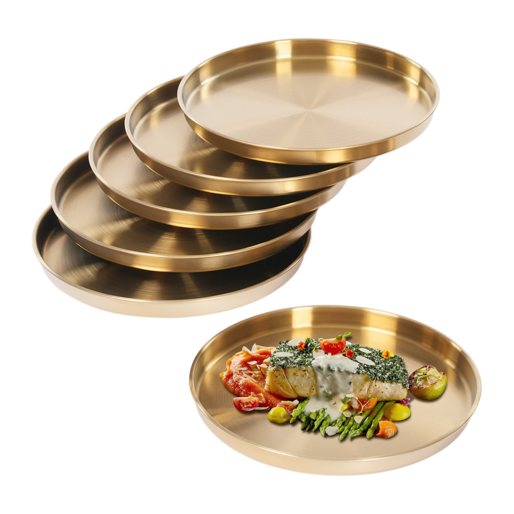 6 runde Serviertabletts, Edelstahl-Tischtablett, goldenes Dekotablett – Gold