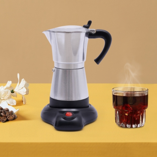 480W elektrische silbere Moka-Kaffeemaschine aus Aluminiumlegierung mit Sockel, kann sechs Tassen gleichzeitig zubereiten 480W elektrische silbere Moka-Kaffeemaschine aus Aluminiumlegierung mit Sockel, kann sechs Tassen gleichzeitig zubereiten