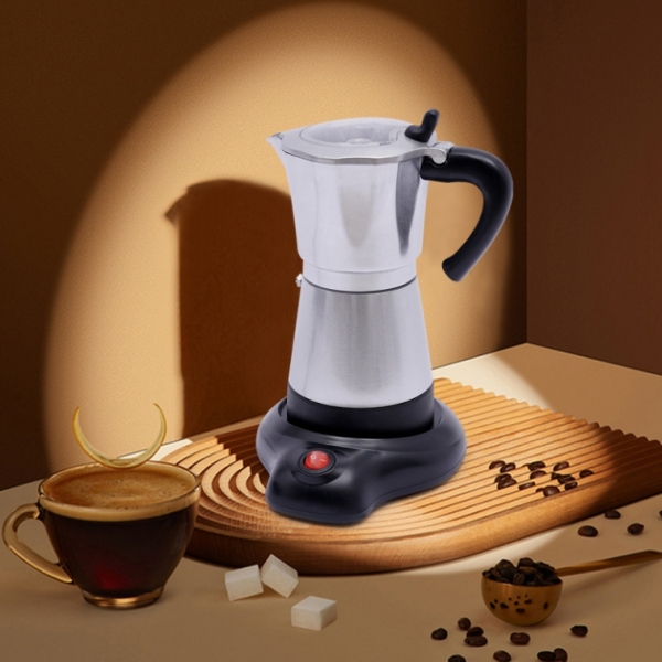 480W elektrische silbere Moka-Kaffeemaschine aus Aluminiumlegierung mit Sockel, kann sechs Tassen gleichzeitig zubereiten