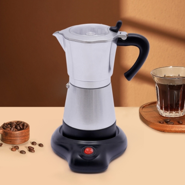 480W elektrische silbere Moka-Kaffeemaschine aus Aluminiumlegierung mit Sockel, kann sechs Tassen gleichzeitig zubereiten