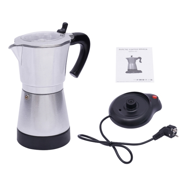 480W elektrische silbere Moka-Kaffeemaschine aus Aluminiumlegierung mit Sockel, kann sechs Tassen gleichzeitig zubereiten