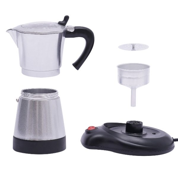 480W elektrische silbere Moka-Kaffeemaschine aus Aluminiumlegierung mit Sockel, kann sechs Tassen gleichzeitig zubereiten