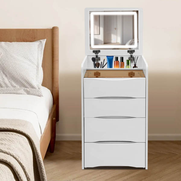 Schminktisch mit beleuchtetem Klappspiegel, Schminktisch mit Schminkhocker, Schminktisch