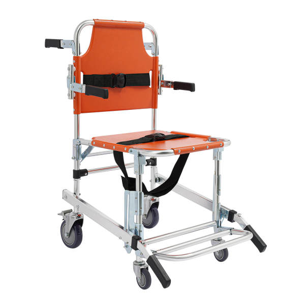 Orangefarbener 4-Rad-Treppenstuhl mit Fußstütze, zusammenklappbarer Evakuierungsstuhl – Tragkraft 350 lbs, Aluminiumlegierung