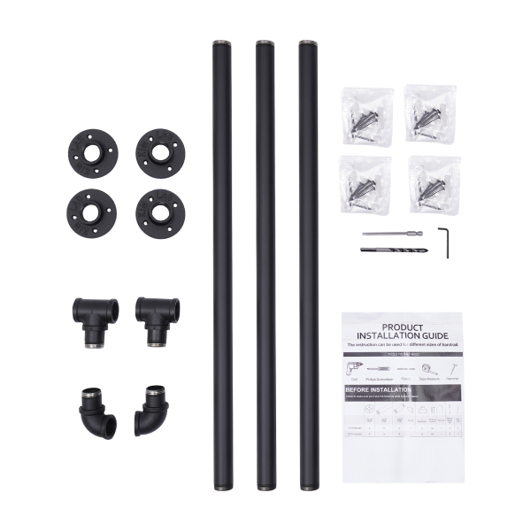Rohrhandlauf, Heavy Duty Metall, tragfähig, 8ft, 3 Sektionen, Wandabstand: 8cmm, Schwarz