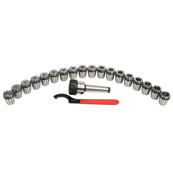 Set mit 18 ER32-Spannzangen, 2 – 20 mm, ER32-Schraubenschlüssel, MT3-Schaft, mit Tragetasche aus Aluminiumlegierung, Graviermaschine