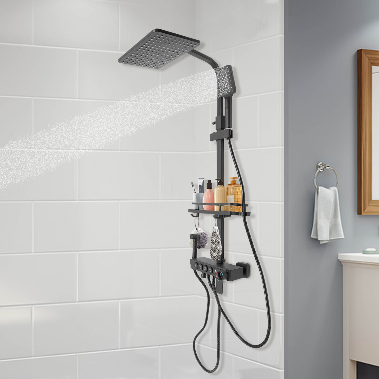 Regendusche Duschset Duschsystem mit Großer Regenbrause, Handbrause, Praktisches Regal und LED-Anzeige