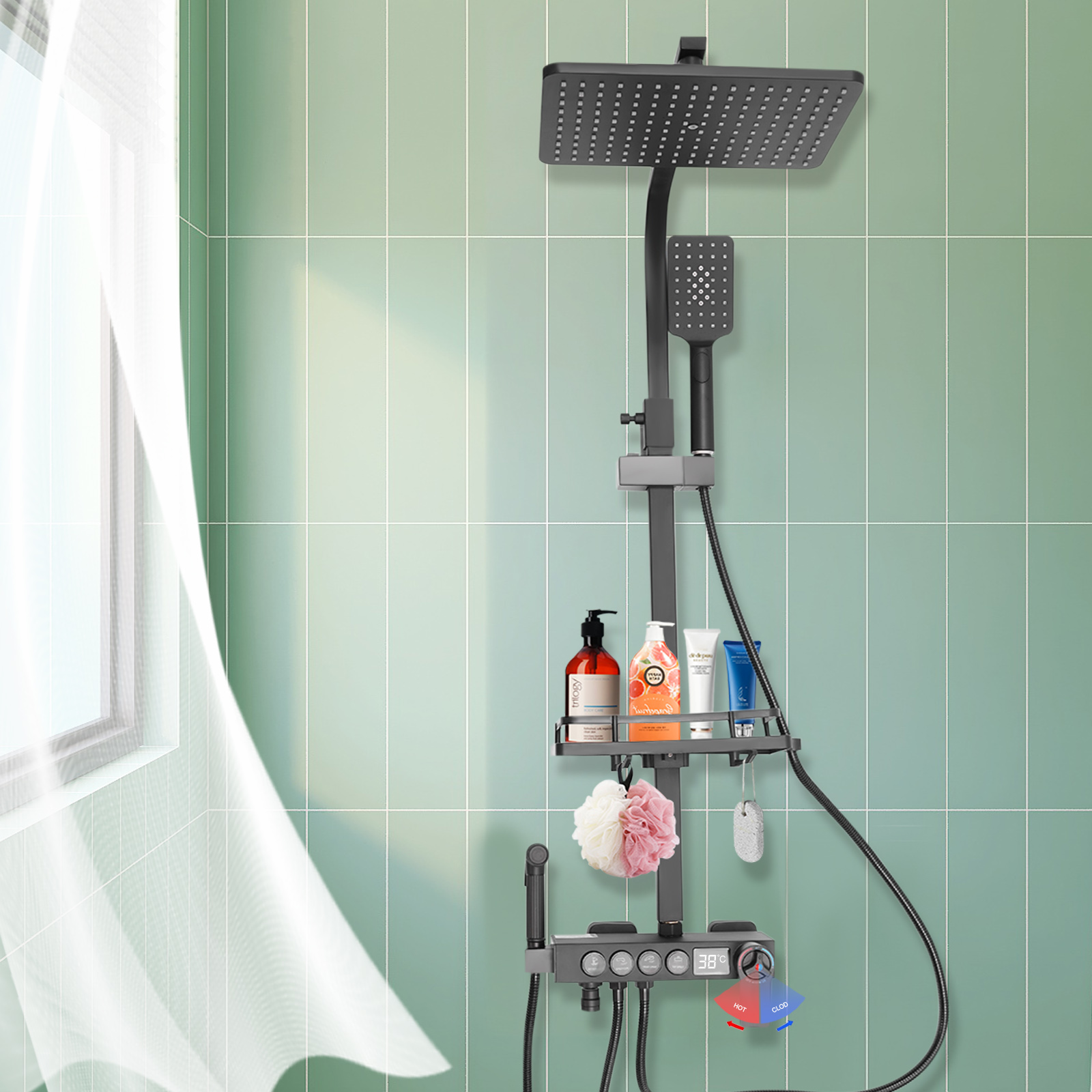 Regendusche Duschset Duschsystem mit Großer Regenbrause, Handbrause, Praktisches Regal und LED-Anzeige