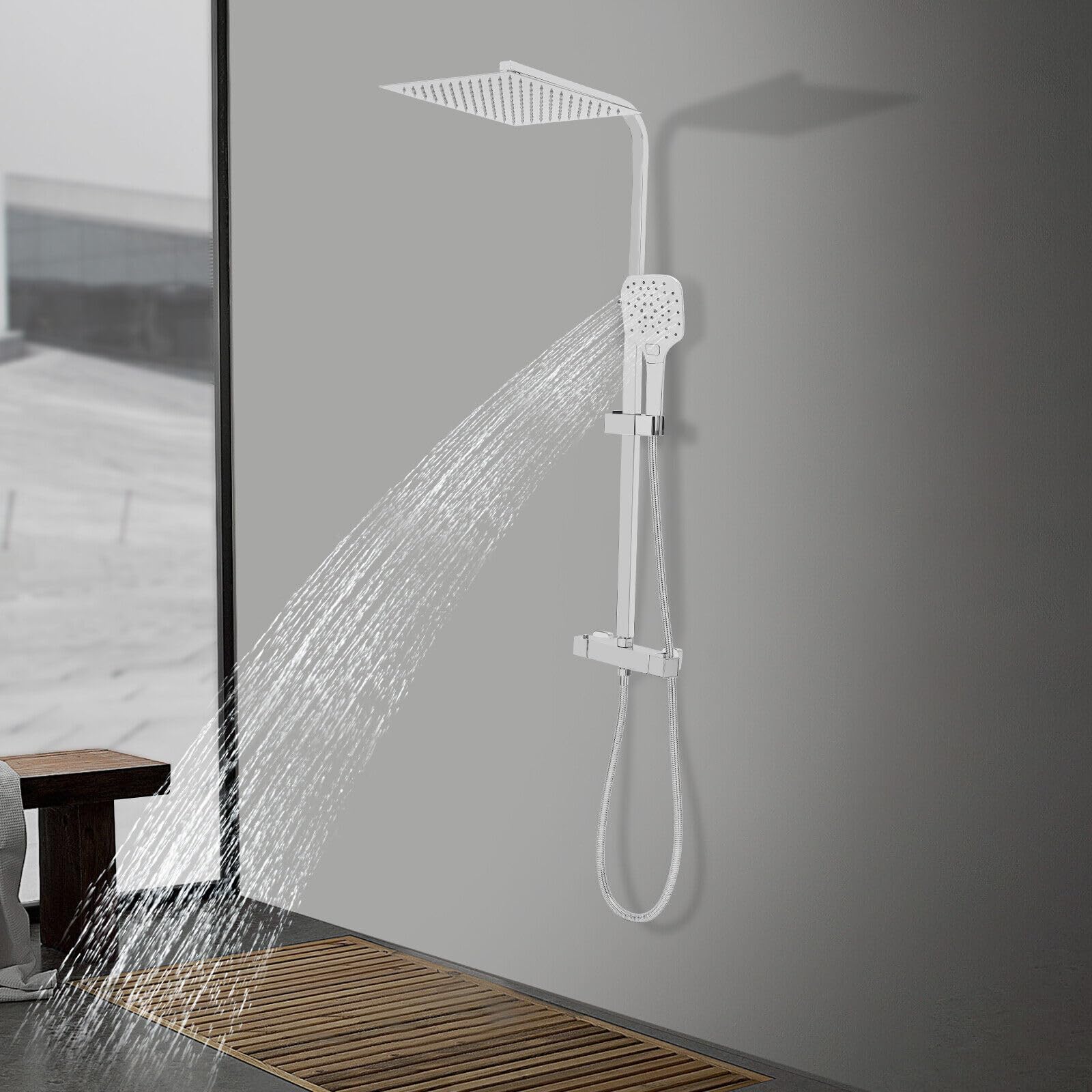 Duschset mit Thermostat Duscharmatur Duschsystem Regendusche 30cm Handbrause mit 3-Strahlarten Regenwalddusche