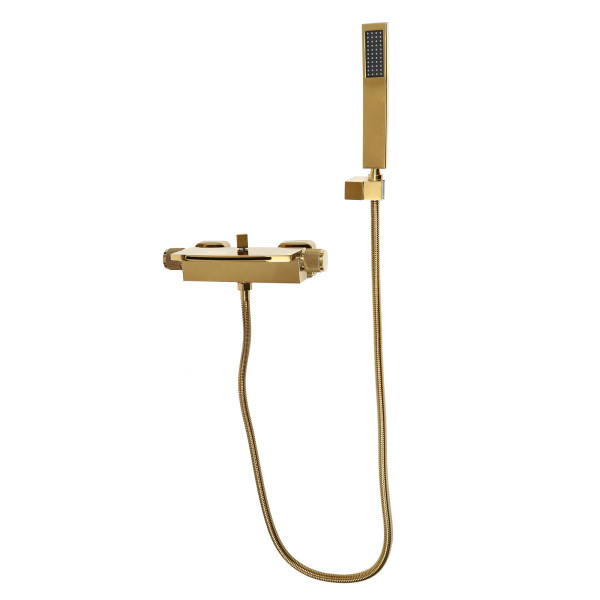 Badewannenarmatur mit Handbrause, Brauseschlauch und Brausehalterung, Wasserfall-Wandmischbatterie (Gold) Badewannenarmatur mit Handbrause, Brauseschlauch und Brausehalterung, Wasserfall-Wandmischbatterie (Gold)