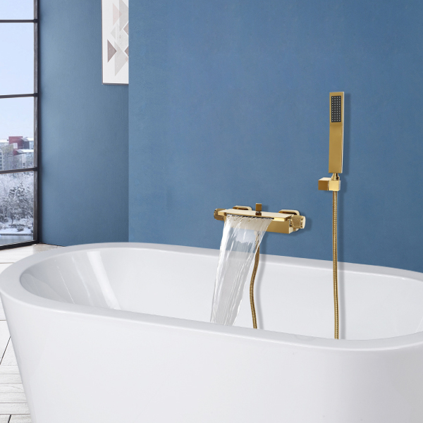 Badewannenarmatur mit Handbrause, Brauseschlauch und Brausehalterung, Wasserfall-Wandmischbatterie (Gold)
