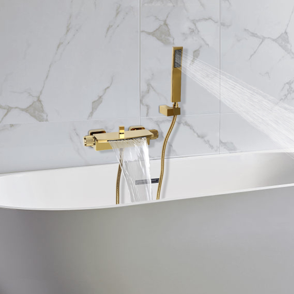 Badewannenarmatur mit Handbrause, Brauseschlauch und Brausehalterung, Wasserfall-Wandmischbatterie (Gold)