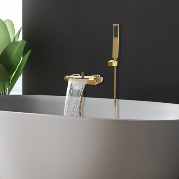 Badewannenarmatur mit Handbrause, Brauseschlauch und Brausehalterung, Wasserfall-Wandmischbatterie (Gold)