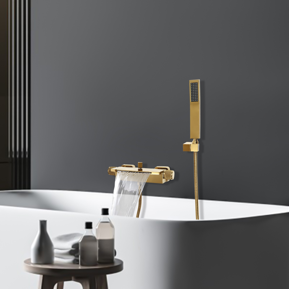 Badewannenarmatur mit Handbrause, Brauseschlauch und Brausehalterung, Wasserfall-Wandmischbatterie (Gold)
