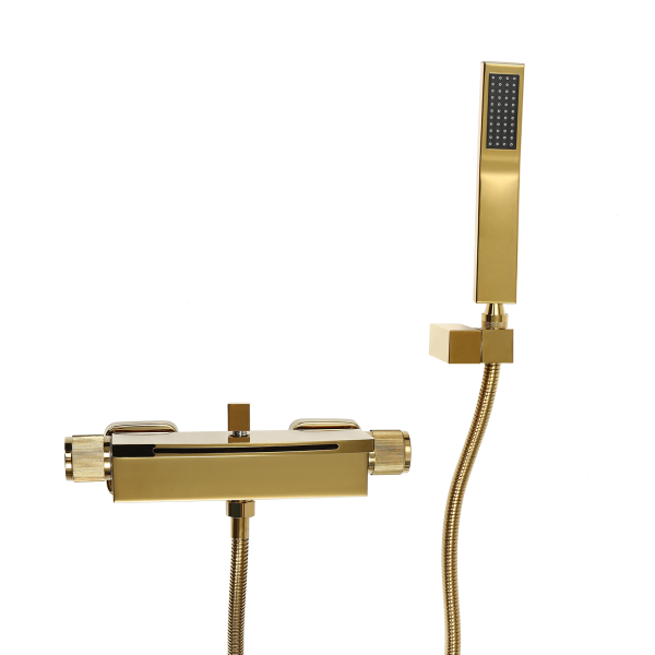 Badewannenarmatur mit Handbrause, Brauseschlauch und Brausehalterung, Wasserfall-Wandmischbatterie (Gold)