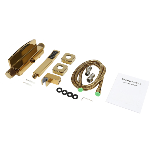 Badewannenarmatur mit Handbrause, Brauseschlauch und Brausehalterung, Wasserfall-Wandmischbatterie (Gold)