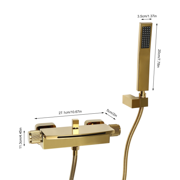 Badewannenarmatur mit Handbrause, Brauseschlauch und Brausehalterung, Wasserfall-Wandmischbatterie (Gold)