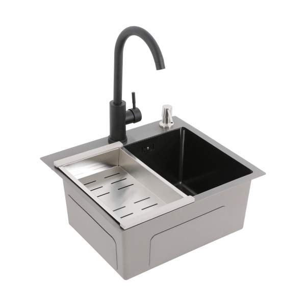 40 x 45 cm Küchenspüle, Edelstahl-Küchenspüle, Edelstahlspüle mit Wasserhahn + Armatur + Abtropffläche + Seifenspender + Abtropfkorb – Schwarz