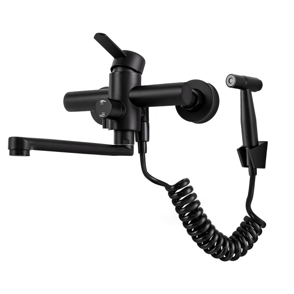 CNCEST 360° drehbar Küchenarmatur Wandmontage Wandmischbatterie mit Spritzpistole und 3 Wasserstrahlarten
