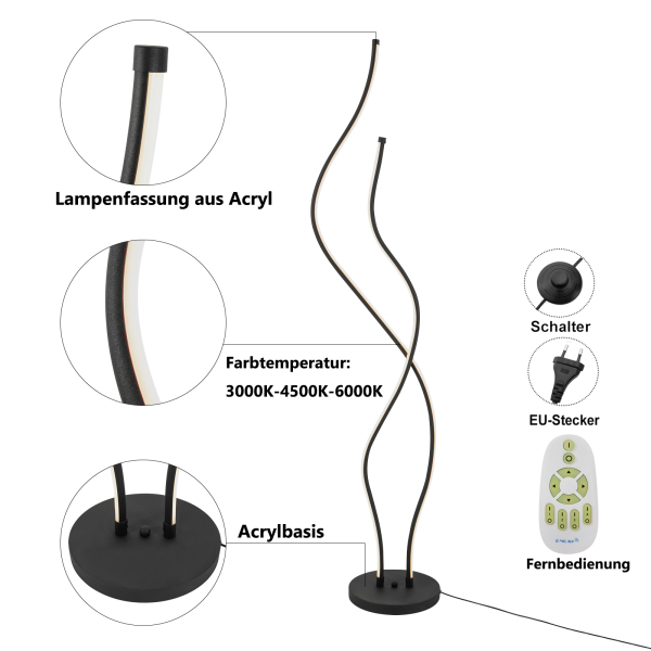 51,18 Zoll Stehlampe mit Fernbedienung Spirallampe Rostfreie und langlebige LED-Stehlampe für Wohnzimmer Restaurants Schwarz